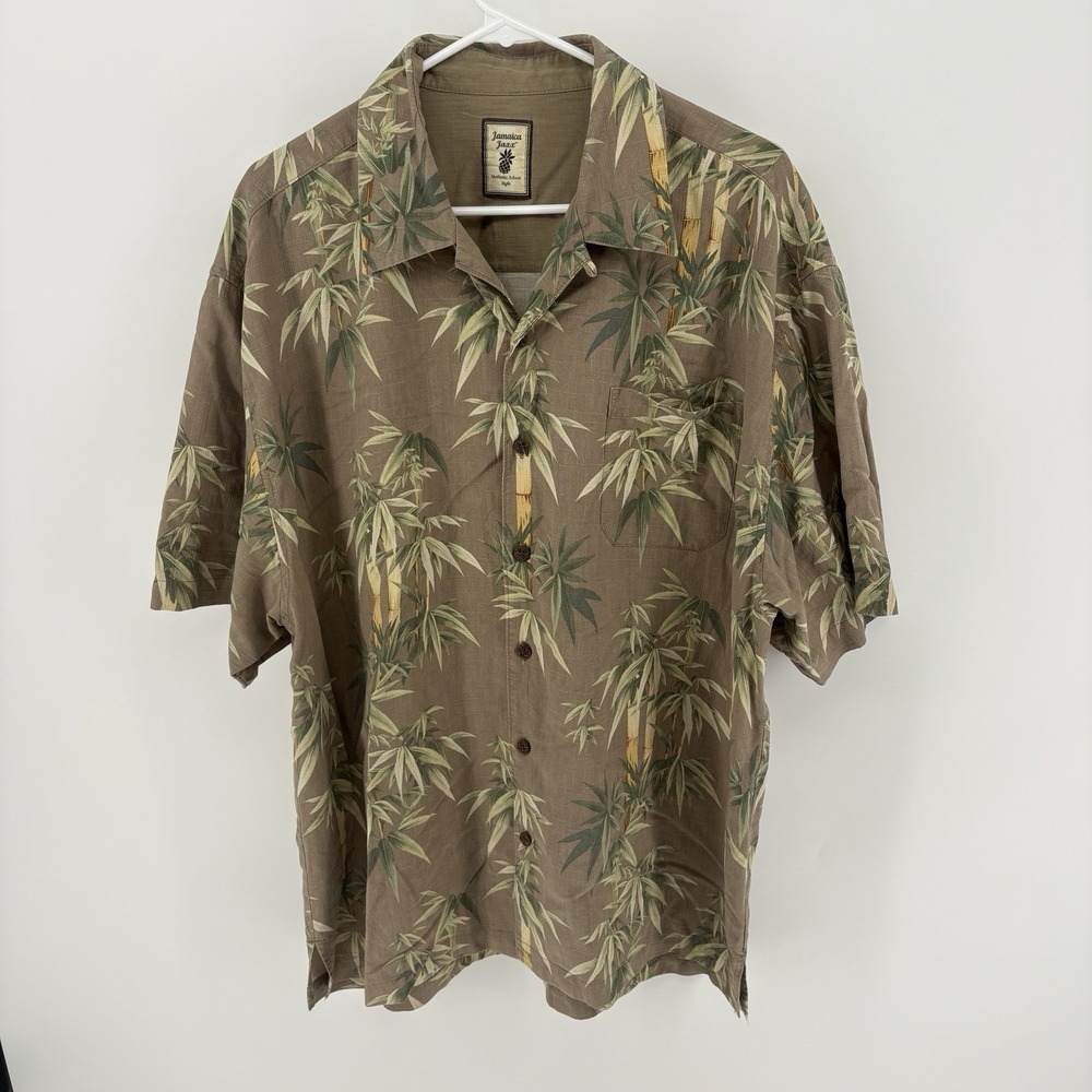 Jamaica Jaxx 100% Silk Hawaiian Shirt Mens XXL Brown Bamboo Tropical Floral Camp